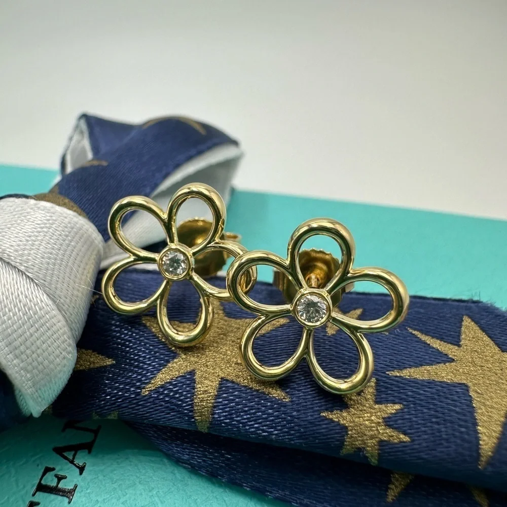 RARE Tiffany & Co. Diamond 18K Yellow Gold Garden Flower Earrings with Packaging